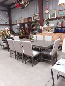 Beautiful Grey Farmhouse Style Dining Table Set with 8 Chairs!