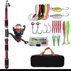 Fishing Pole Set Full Kits With Telescopic Fishing Rod And Spinning Reel Baits Hooks Travel Pole Set