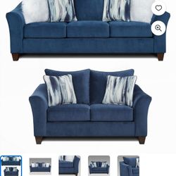 Roundhill Furniture Camero Pillowback Sofa and Loveseat Set, Blue Polyester Upholstery