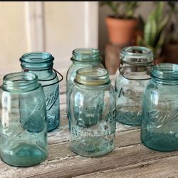 Blue Glass Mason, Clear Atlas & Iridescent Jars (8) Jars