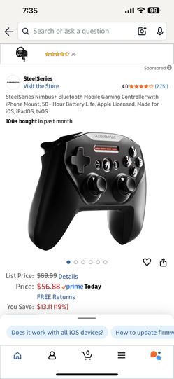 SteelSeries Nimbus+ Bluetooth Mobile Gaming Controller with iPhone Mount, 50+ Hour Battery Life, Apple Licensed, Made for iOS, iPadOS, tvOS