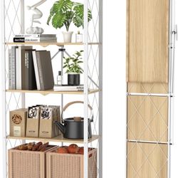 5-Tier Vintage Industrial Bookshelf - No Assembly Folding Storage Shelf with Woodgrain Finish | Collapsible Metal Bookcase for Living Room, Office & B