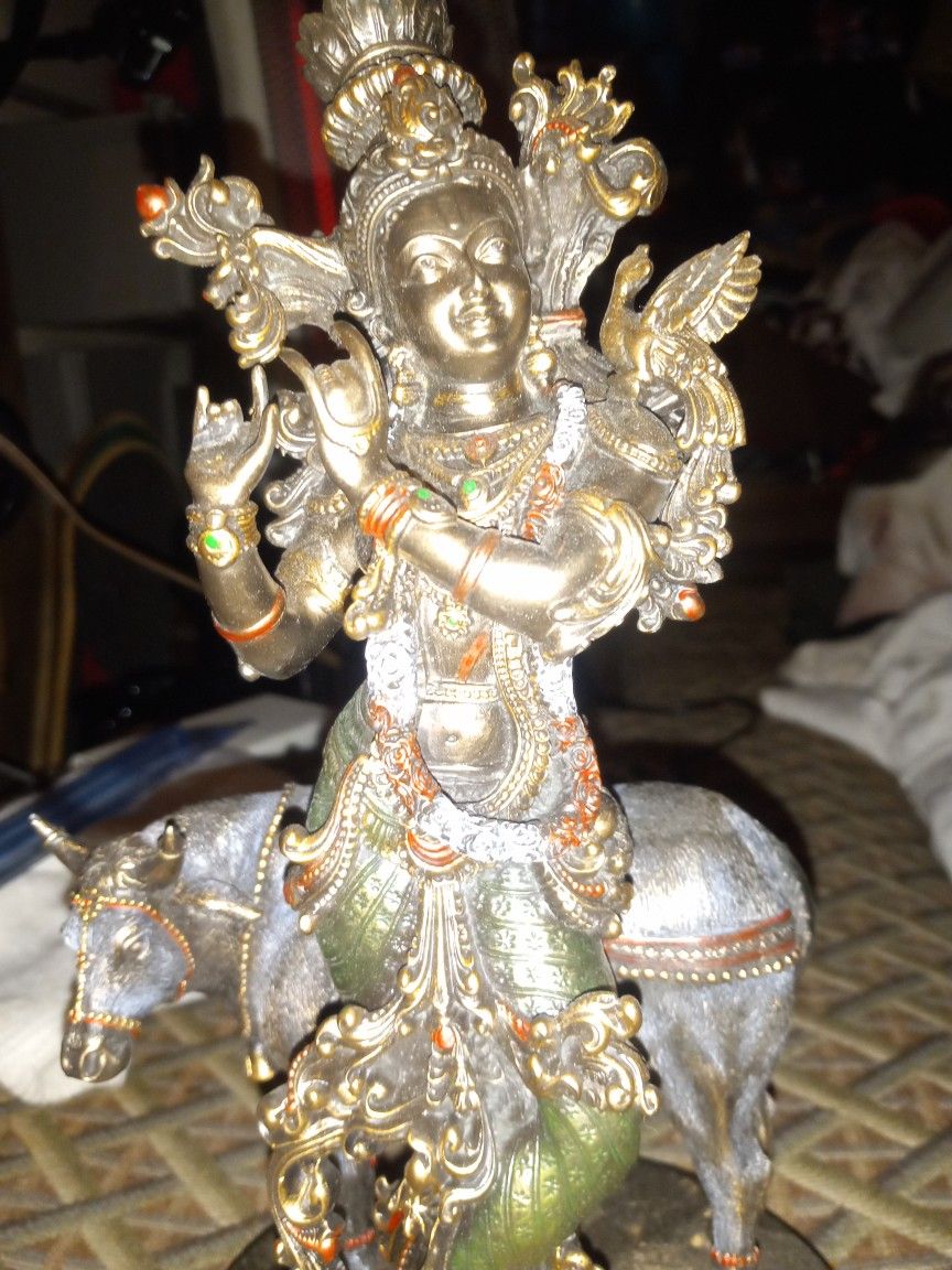 Hindu God Lord Krishna with Kamdhenu Cow Statue