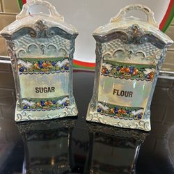 Antique BLOCK Lusterware Covered Flour And Covered Sugar GERMANY Set Of 2