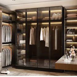 New in box Black Wood 59.1 in. W Tempered Glass Doors Wardrobe Armoires Aluminum Frame with LED Lights, Hanging Rods and Shelves 020411