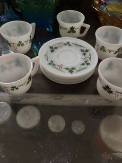 vintage milk glass demitasse saucer,  hand-painted grape leaf  holly berry