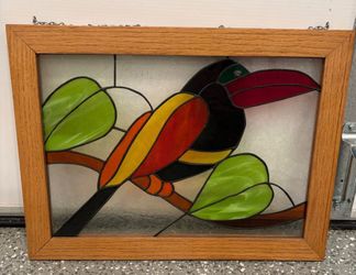 Handmade Stained Glass Toucan Panel in Oak Frame – 14.5” x 19.5”