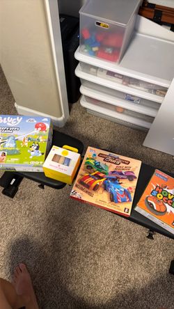 Kids Toy Lot – Bluey Game, Chalk Set, Wood Cars & More