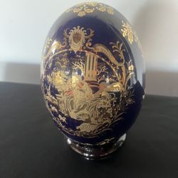 Vintage Porcelain Egg - Blue - Limoges - Roman Scene - Original Box w/ Stand