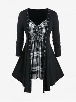 Black Plaid Grommet Bow Long Sleeve Top