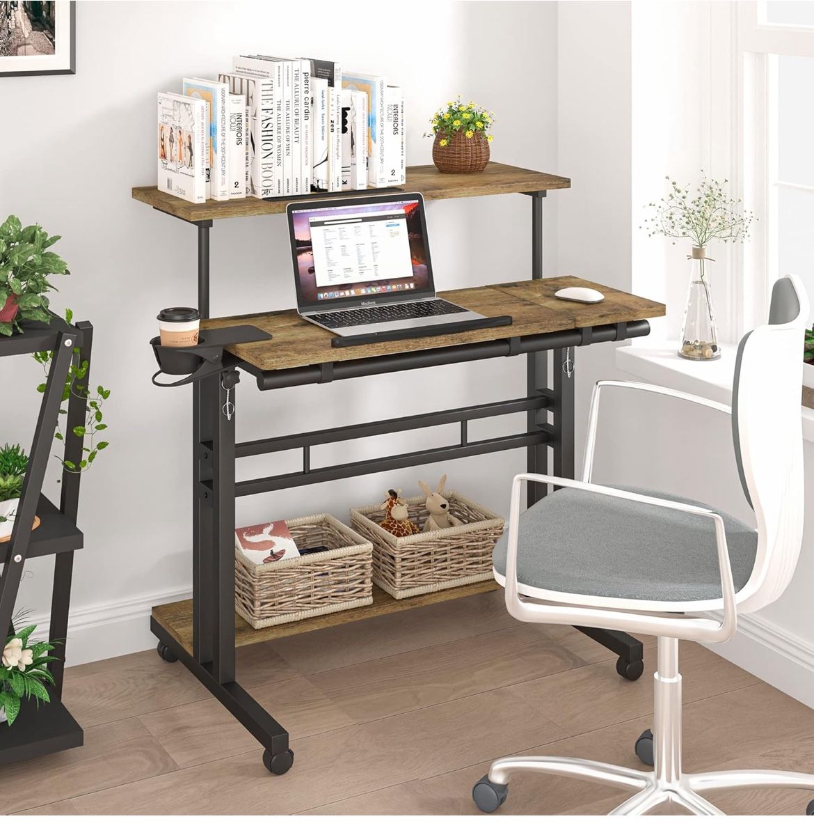 Mobile Standing Desk, Adjustable Rolling Computer Desk with 3 Desktops, Portable Laptop Table with Cup Holder, Home Office Laptop Workstation on Locka