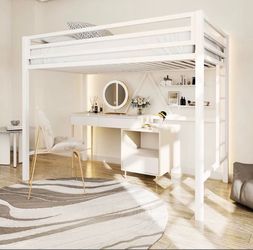 White Metal Loft Bed Frame with Ladder