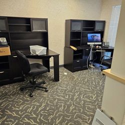 2 Computer Wood Table with Storage Drawers Hutch Cabinet