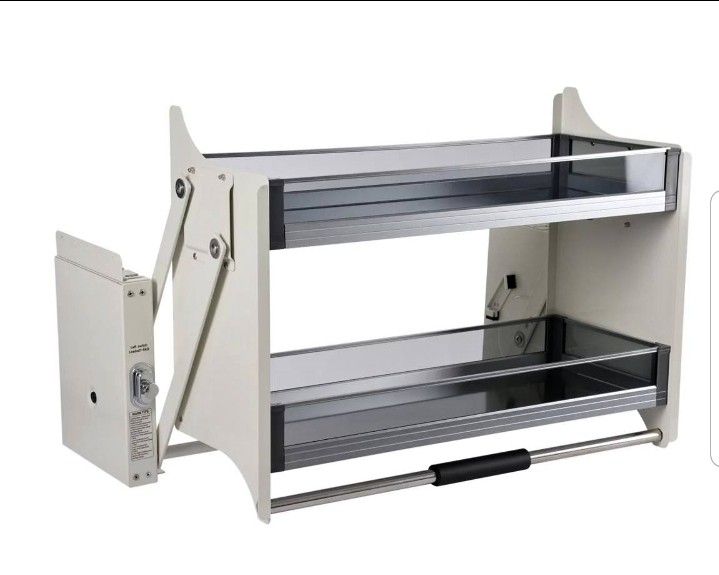 Pull Out Cabinet Organizer, 2-Tier Pull Down Shelf with Soft Handle and Raised Guardrails, 