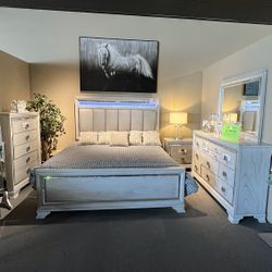 Grey King Bed, Dresser, Mirror And One Nightstand