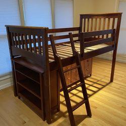 Low loft bed, dresser, bookcase setup--real wood.