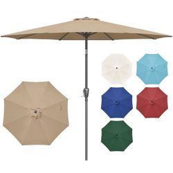  9' Patio Umbrella Outdoor Table Market Yard Umbrella with Push Button Tilt/Crank, 8 Sturdy Ribs for Garden, Deck, Backyard, Pool, Tan