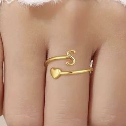 Gold Initial Ring With Gold Heart 