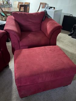 couch, chair, entry way table and mirror , dining room with 6 chairs
