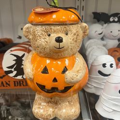 Viral Halloween Teddy Bear Pumpkin Cookie Jar Centerpiece Orange SHIPS TODAY