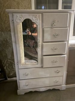 White Painted Armoire with Mirror and Drawers Freezer
