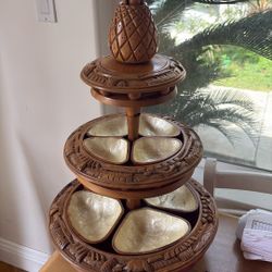 Vintage Hand Carved Monkey Pod Wood 3-Tier Lazy Susan with RARE mother of pearl bowls