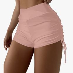SherryDC Women High Waisted Swim Shorts V Cut Bikini Swimsuit Bottoms Drawstring Ruched Bathing Suit Board Shorts