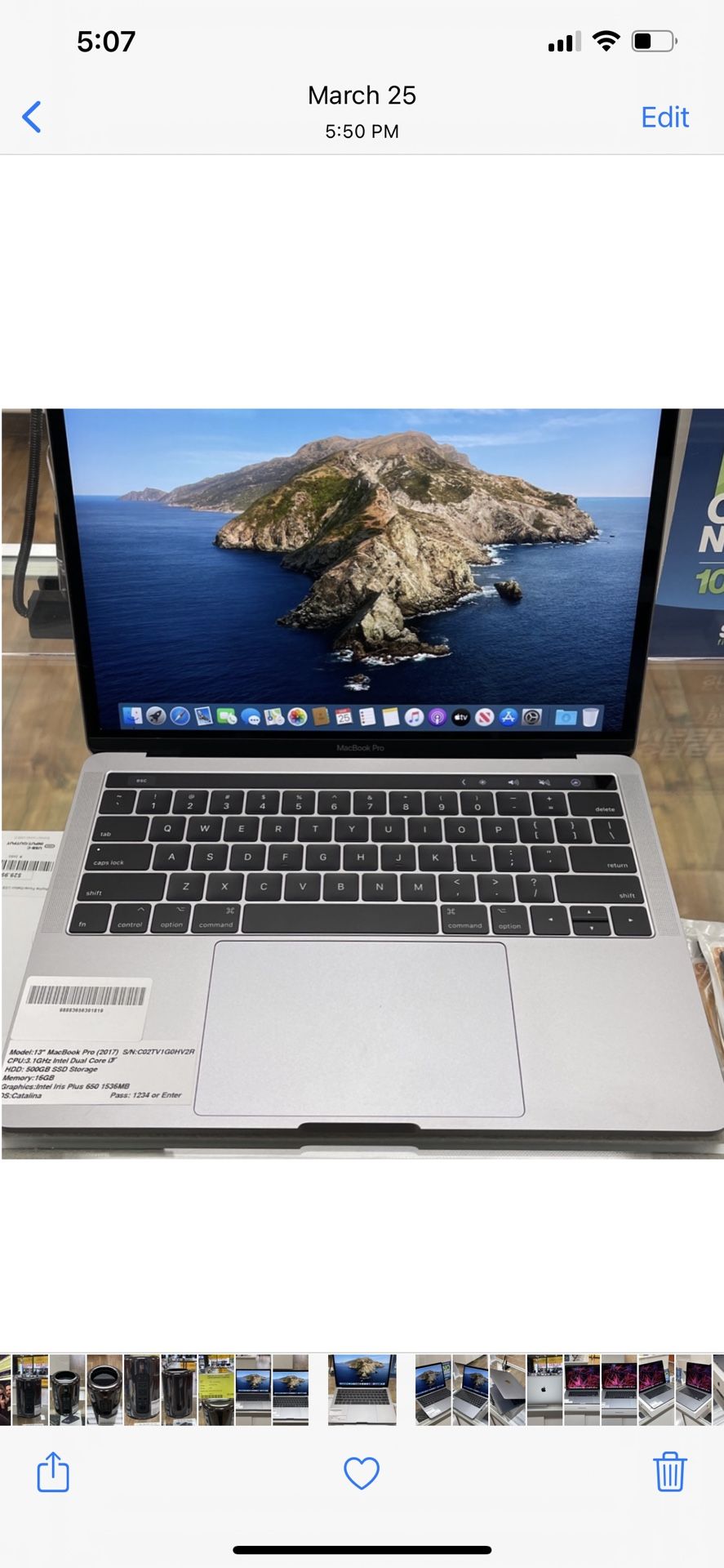 13" Macbook pro Touchbar- 3.1Ghz Intel Core i5- 500GB SSD- 16GB RAM