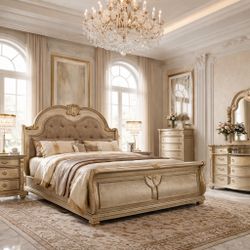 🔥  Luxury Royal Gold Champagne Sleigh Bed – Designer Tufted Collection. Free Delivery And Install