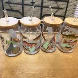 Glass Fish Cups With Lid & Straw: Brand New Set Of 4 