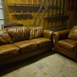 Thomasville Brown Leather Couch And Chair Set 