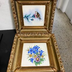 PAREJA DE CUADROS ANTIGUO DE MADERA Y CRITAL CON PINTURA 