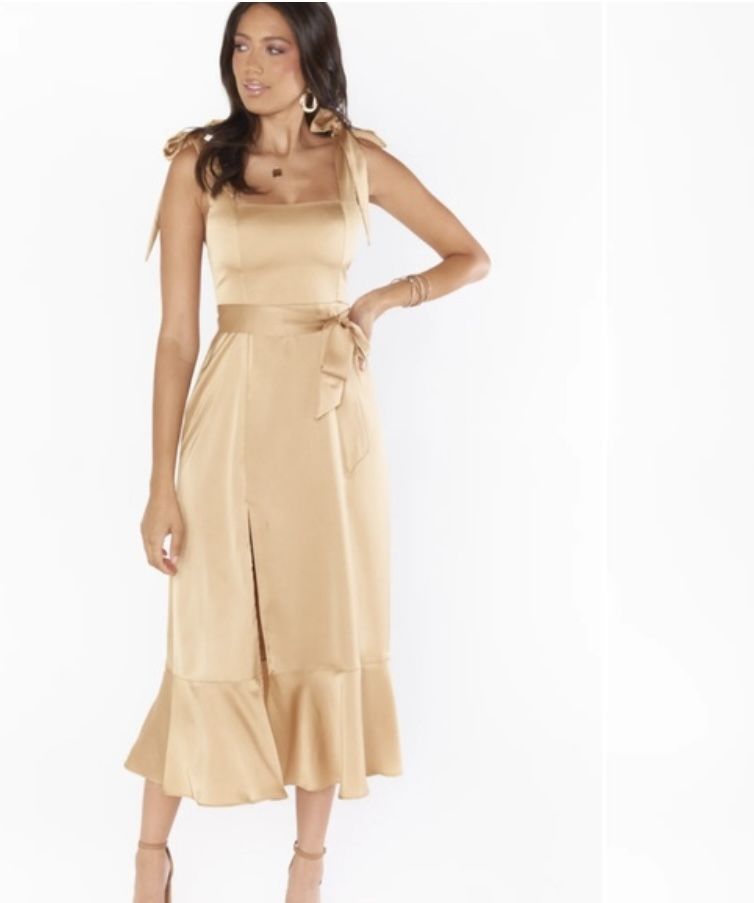 NWT Show Me Your Mumu Claire Midi Dress True Gold / Champagne Lux Satin Dress Size Small
