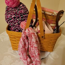 Vintage  Longaberger Cancer Awareness  cross Body Purse and Market Basket &Gifts