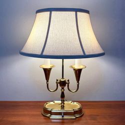 Vintage Brass Bouillotte Two Arm Candelabra Table Lamp