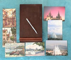 Wooden Writing Box with Card Drawer plus Vintage Metal 4-Color Pen & Postcards