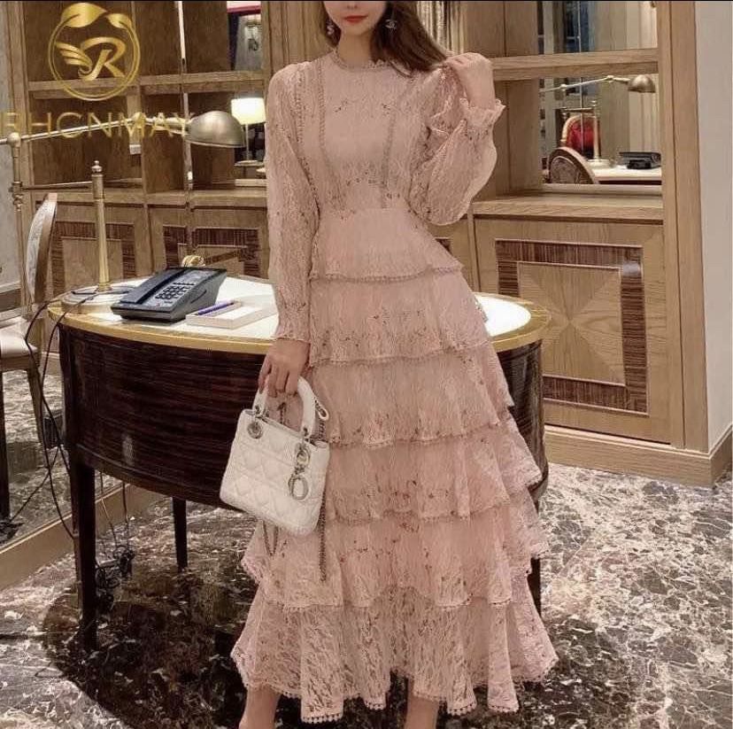 Vintage Layer Ruffles Lace Maxi Dress Runway Summer Women Floral Embroidery Long Dress Hollow Out Cake Party Dress pink long sleeve Size: M  Multiple 