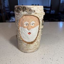 🎅 Hand-Carved Birch Wood Santa Log – Signed Earl Houck Folk Art