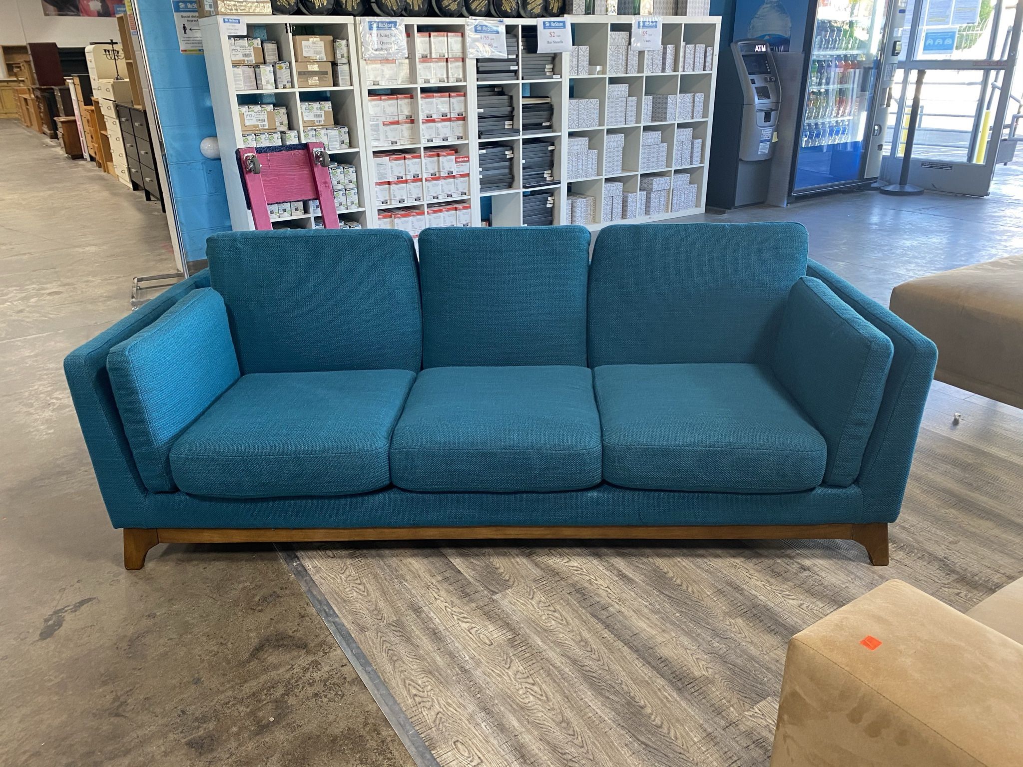 **Delivery Available** Article Ceni Lagoon Turquoise Teal Blue Sofa Mid-Century Modern 3-seater