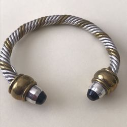 Sterling Silver Two Tone Cuff Bracelet with Onyx Gemstone Tips 