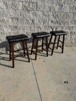 Set of 3 Bar Stools – Wood & Upholstered – Excellent Condition!