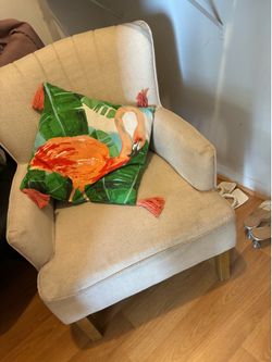 Cream Accent Chair with Flamingo Pillow