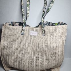 Victoria's Secret woven tote bag with palm print straps