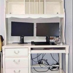 White Wood Designer Desk + Hutch 