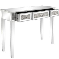 Mirrored Desk with 3 Drawers Silver Console  Table Or Desk with Crystal