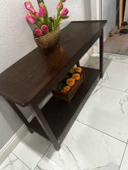 Dark Brown Wood Console Table with Lower Shelf