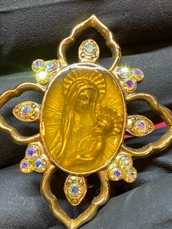 Vintage Vatican Library Collection Madonna Brooch Pin w/ Aurora Borealis Stones