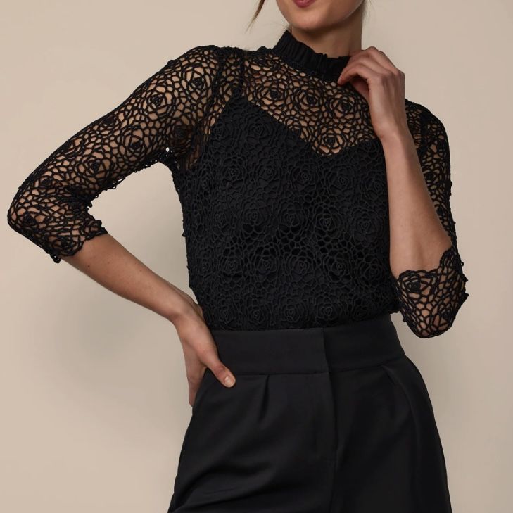 New York & Company High Neck Bow Back Lace Blouse XL