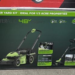 Green works 21” Push Mower 13” String Trimmer & Edger 585 Cfm Blower 