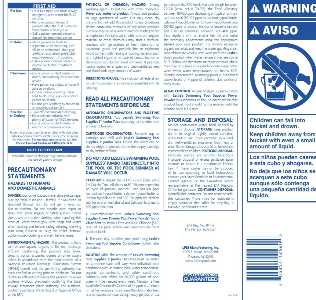 Chlorine Tabs 50 lbs. Bucket Leslie's 3” Jumbo Pool Tabs for Sale